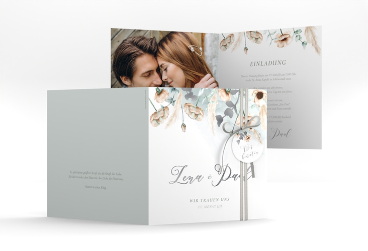 Hochzeitseinladung Anemone quadr. Klappkarte mint silber