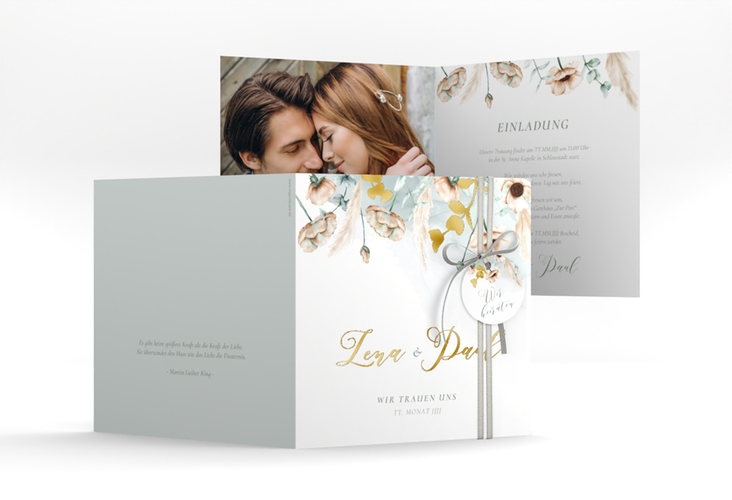 Hochzeitseinladung Anemone quadr. Klappkarte mint gold