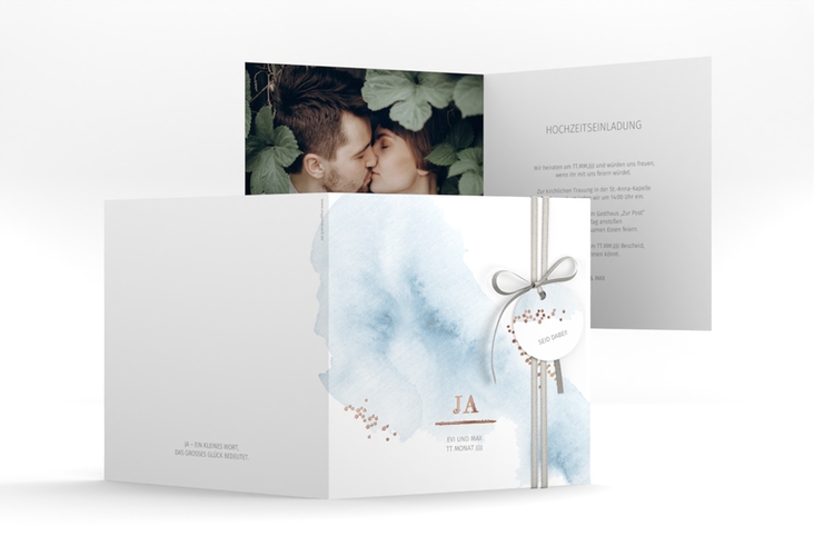 Hochzeitseinladung Pastell quadr. Klappkarte blau rosegold