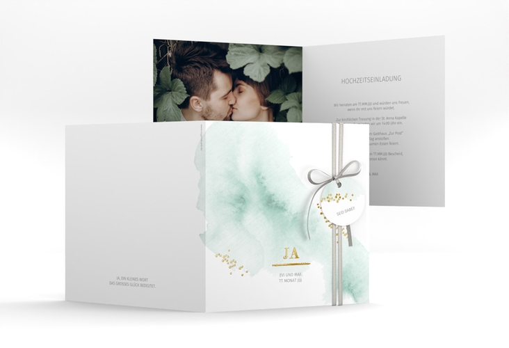 Hochzeitseinladung Pastell quadr. Klappkarte mint gold