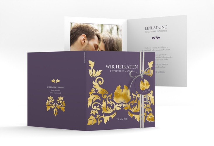 Hochzeitseinladung Royal quadr. Klappkarte lila gold mit barockem Blumen-Ornament
