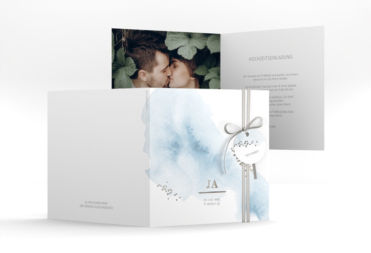 Hochzeitseinladung Pastell quadr. Klappkarte blau silber
