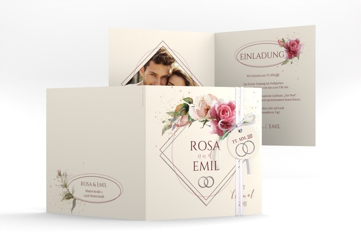 Hochzeitseinladung Rosenbogen quadr. Klappkarte beige silber