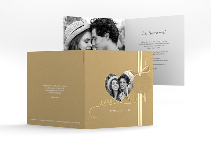 Hochzeitseinladung Herzensbund quadr. Klappkarte weiss gold