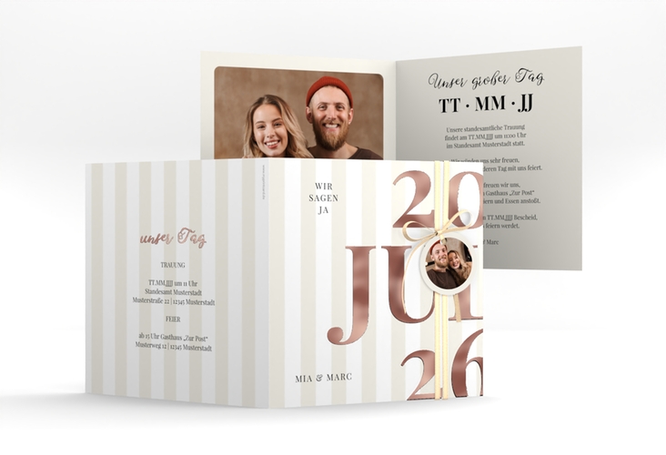 Hochzeitseinladung Streifen quadr. Klappkarte beige rosegold