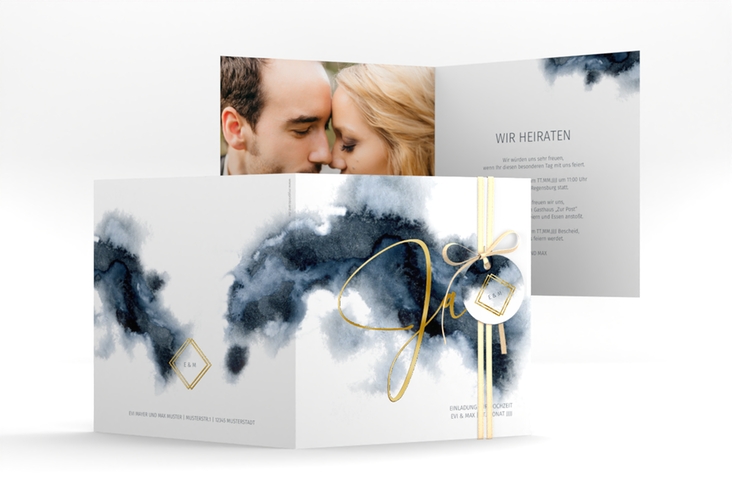 Hochzeitseinladung Aquarellic quadr. Klappkarte weiss gold