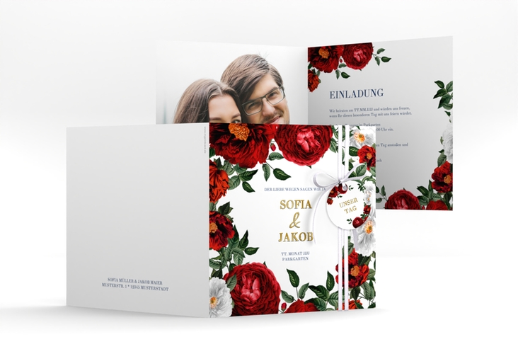 Einladungskarte Hochzeit Florista quadr. Klappkarte weiss gold