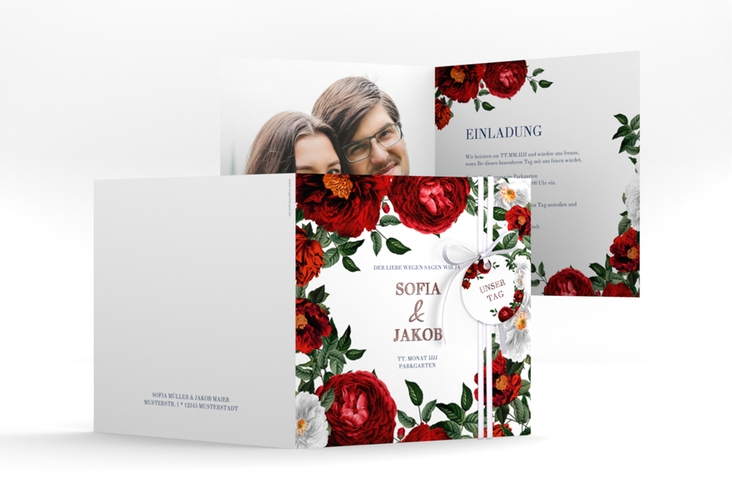 Einladungskarte Hochzeit Florista quadr. Klappkarte weiss rosegold