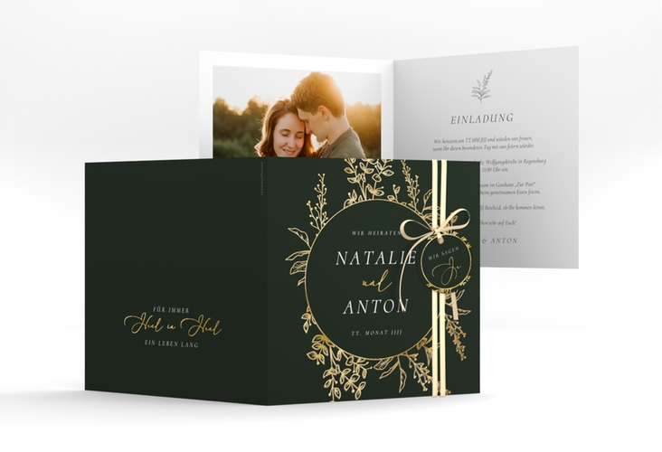 Hochzeitseinladung Herbs quadr. Klappkarte gruen gold