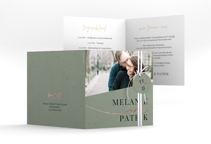 Hochzeitseinladung Leichtigkeit quadr. Klappkarte gruen rosegold