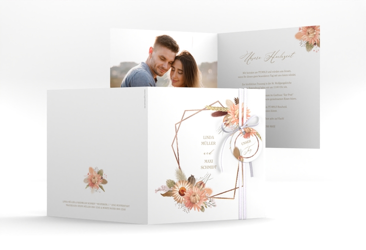Hochzeitseinladung Strohblume quadr. Klappkarte weiss rosegold