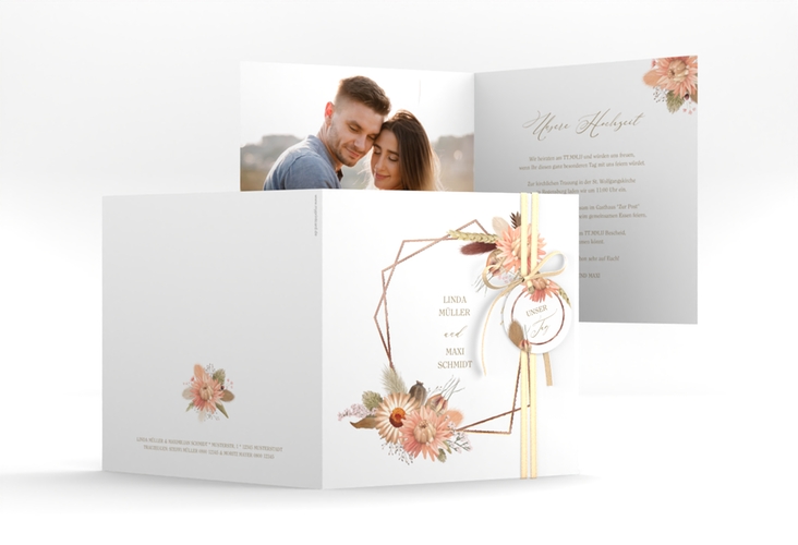 Hochzeitseinladung Strohblume quadr. Klappkarte weiss rosegold