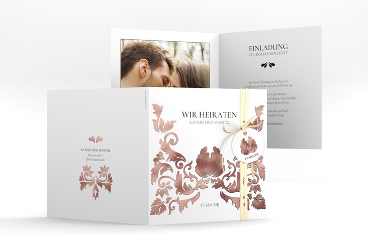 Hochzeitseinladung Royal quadr. Klappkarte weiss rosegold mit barockem Blumen-Ornament