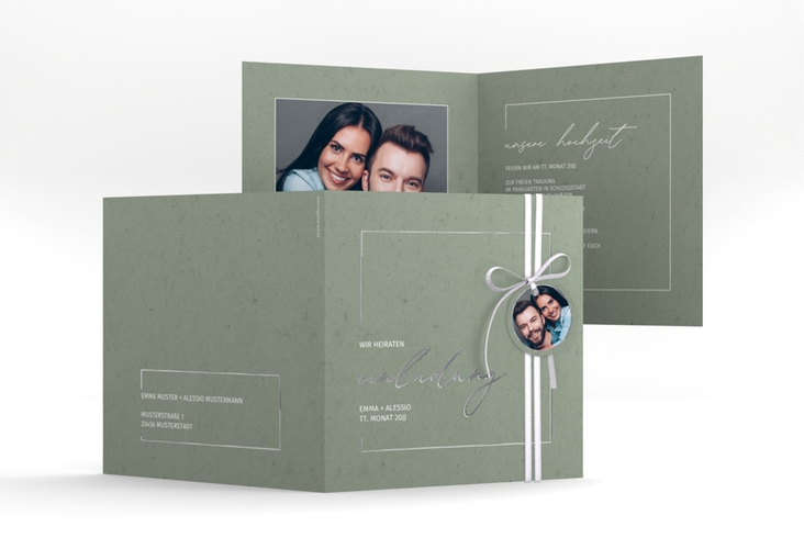 Hochzeitseinladung Simple Line quadr. Klappkarte gruen silber
