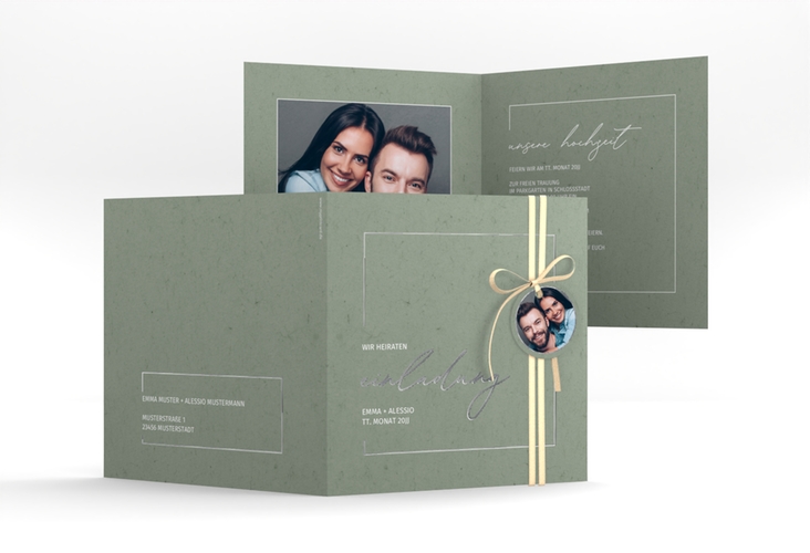 Hochzeitseinladung Simple Line quadr. Klappkarte gruen silber
