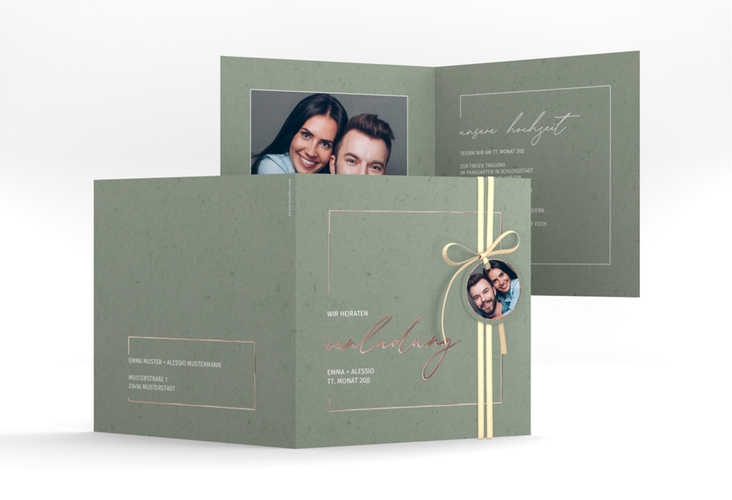 Hochzeitseinladung Simple Line quadr. Klappkarte gruen rosegold