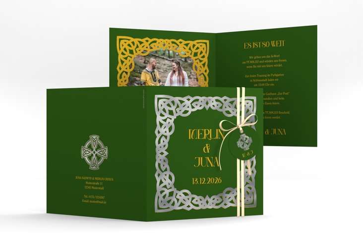 Hochzeitseinladung Celtic quadr. Klappkarte gruen silber mit keltischem Knoten in irischen Farben