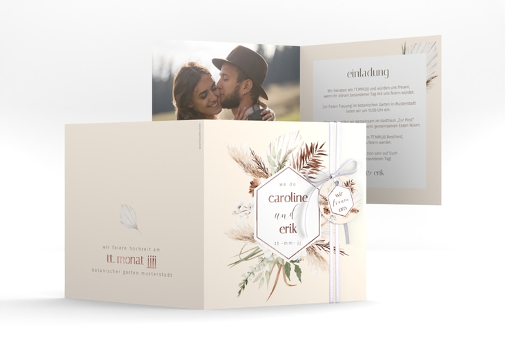 Hochzeitseinladung Bohemian quadr. Klappkarte beige rosegold im Boho-Style mit Pampasgras