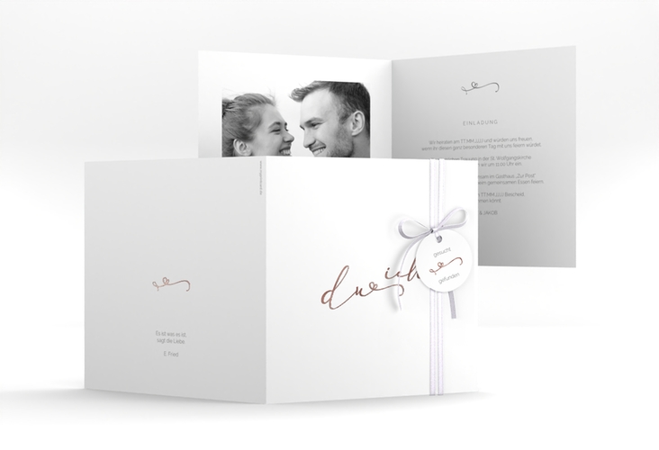 Hochzeitseinladung Zweisamkeit quadr. Klappkarte weiss rosegold im minimalistischen Stil mit Aufschrift du & ich
