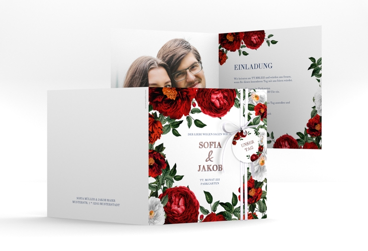 Einladungskarte Hochzeit Florista quadr. Klappkarte weiss rosegold