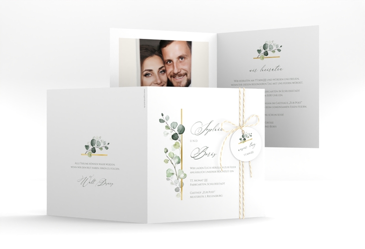 Hochzeitseinladung Adelya quadr. Klappkarte weiss gold elegant mit Eukalyptus-Motiv