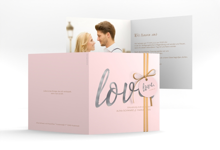 Hochzeitseinladung Glam quadr. Klappkarte rosa silber