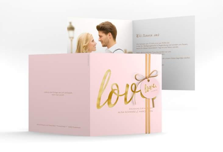 Hochzeitseinladung Glam quadr. Klappkarte rosa gold