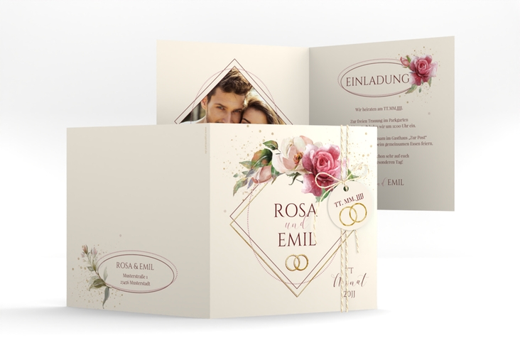 Hochzeitseinladung Rosenbogen quadr. Klappkarte beige gold