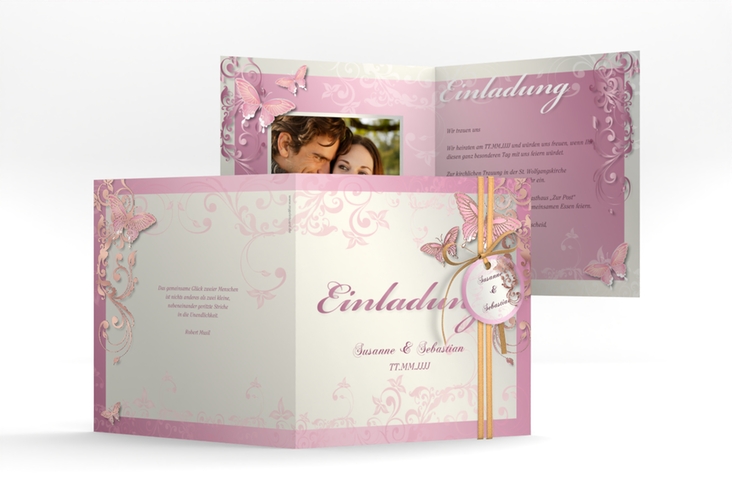Hochzeitseinladung Toulouse quadr. Klappkarte rosa rosegold romantisch mit Schmetterlingen