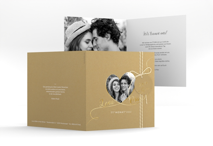 Hochzeitseinladung Herzensbund quadr. Klappkarte weiss gold