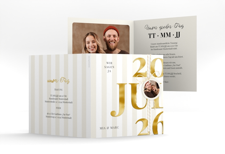 Hochzeitseinladung Streifen quadr. Klappkarte beige gold