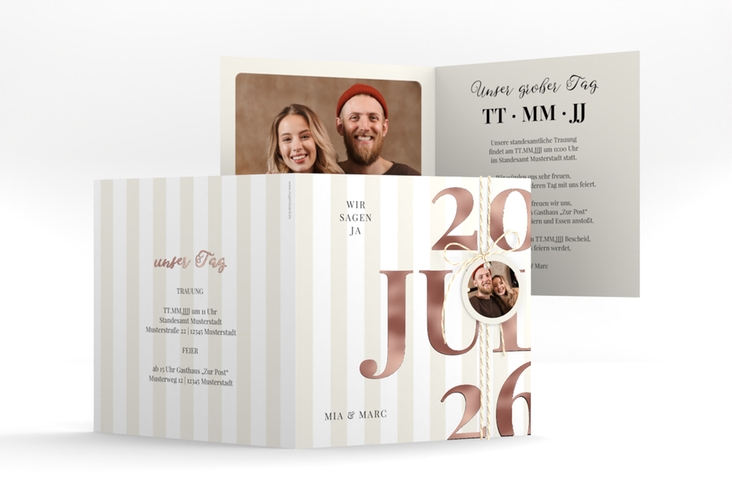 Hochzeitseinladung Streifen quadr. Klappkarte beige rosegold