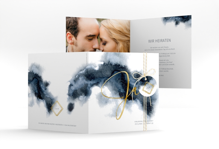 Hochzeitseinladung Aquarellic quadr. Klappkarte weiss gold