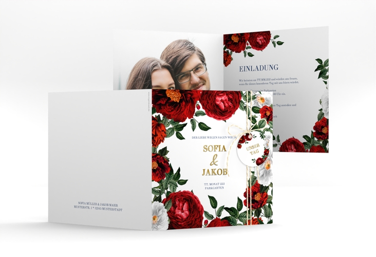 Einladungskarte Hochzeit Florista quadr. Klappkarte weiss gold