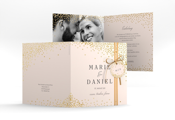 Hochzeitseinladung Glitter quadr. Klappkarte rosa gold