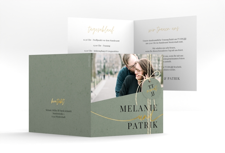 Hochzeitseinladung Leichtigkeit quadr. Klappkarte gruen gold