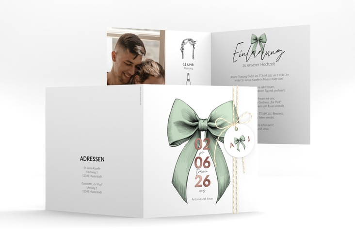 Hochzeitseinladung Schleife quadr. Klappkarte gruen rosegold