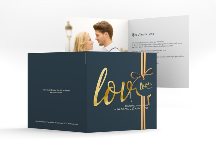 Hochzeitseinladung Glam quadr. Klappkarte blau gold