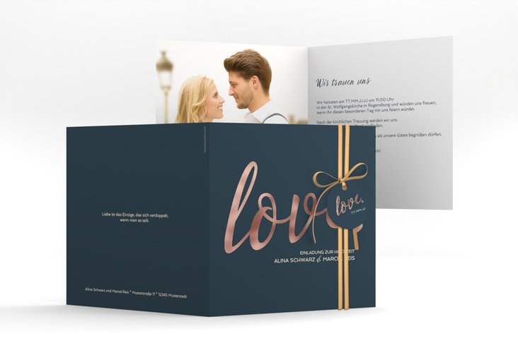 Hochzeitseinladung Glam quadr. Klappkarte blau rosegold