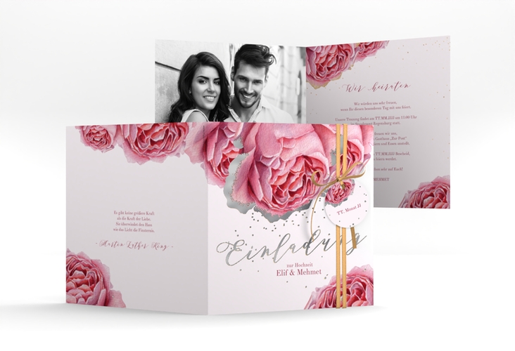 Hochzeitseinladung Cherie quadr. Klappkarte rosa silber