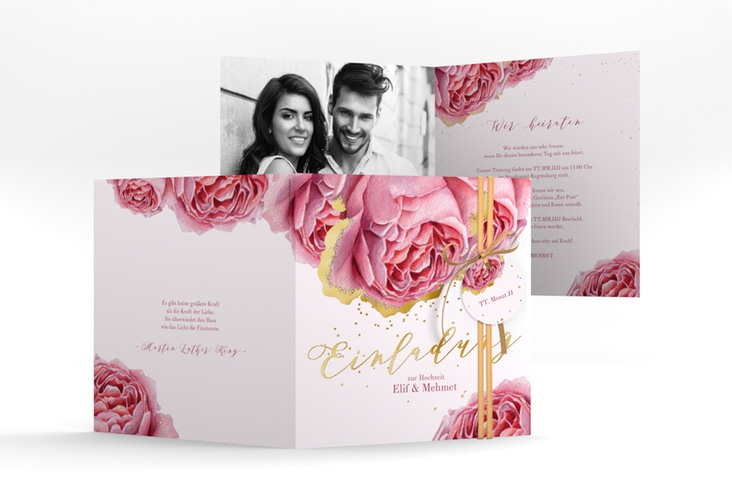 Hochzeitseinladung Cherie quadr. Klappkarte rosa gold