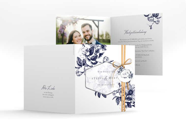 Hochzeitseinladung Magnificent quadr. Klappkarte blau silber
