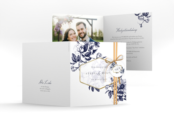 Hochzeitseinladung Magnificent quadr. Klappkarte blau gold