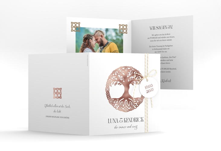 Hochzeitseinladung Lebensbaum quadr. Klappkarte weiss rosegold im Stil der Kelten und Wikinger
