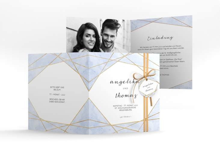 Hochzeitseinladung Asymmetry quadr. Klappkarte blau gold