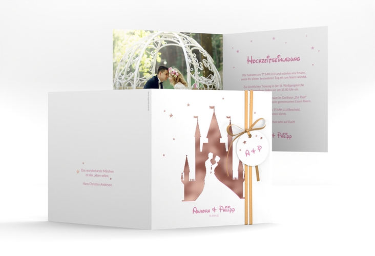 Hochzeitseinladung Castle quadr. Klappkarte rosa rosegold