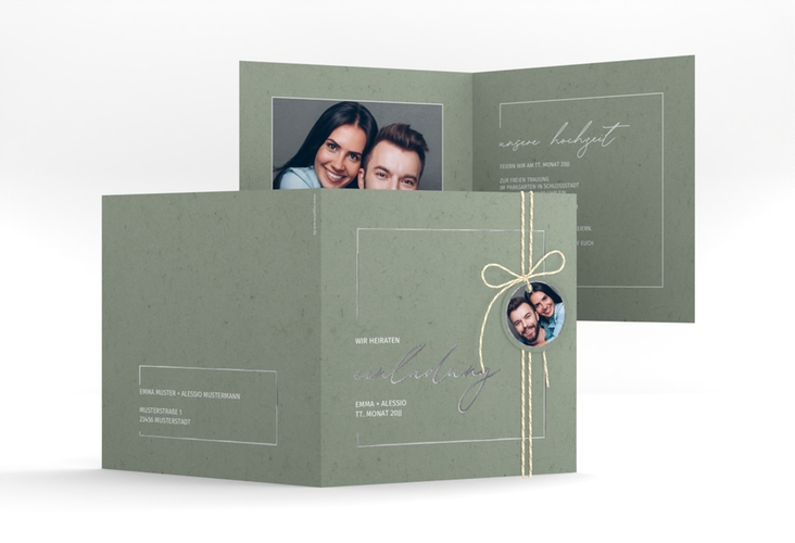 Hochzeitseinladung Simple Line quadr. Klappkarte gruen silber