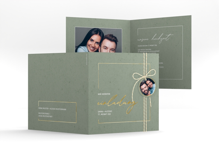 Hochzeitseinladung Simple Line quadr. Klappkarte gruen gold