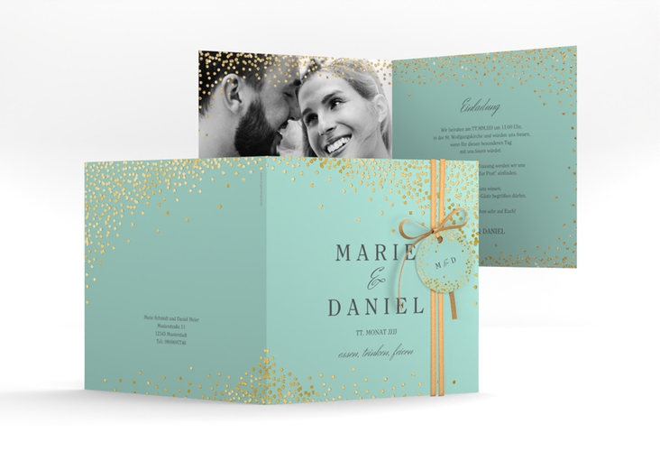 Hochzeitseinladung Glitter quadr. Klappkarte mint gold