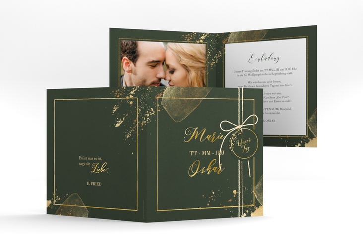 Hochzeitseinladung "Emerald" quadratische Klappkarte gruen gold